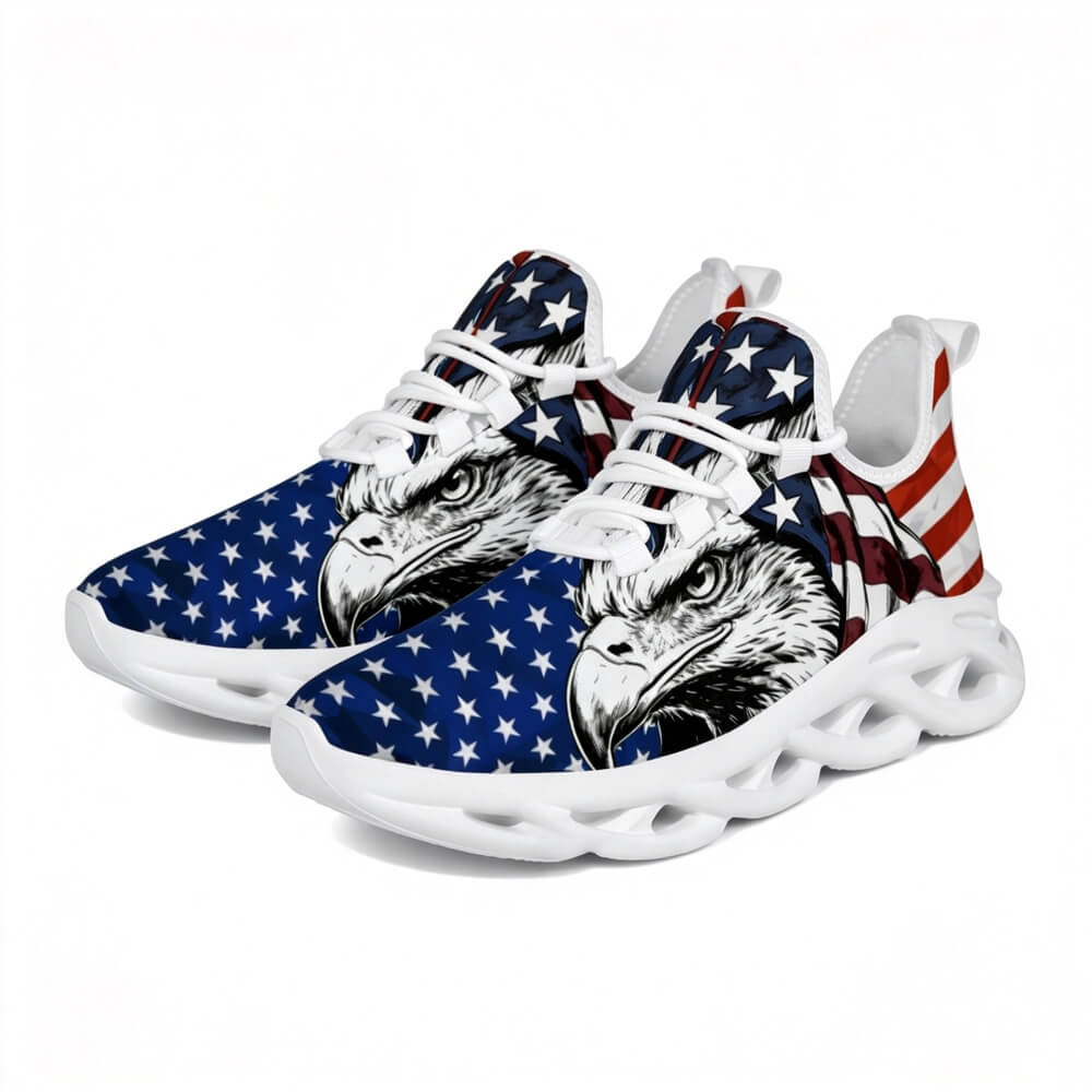 Glaring fiercely behind patriotic waving stars and stripes motifs Custom Sneaks echoing Raw American Cred