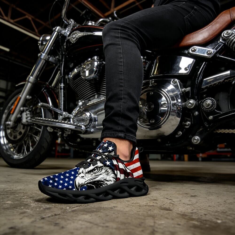 Glaring fiercely behind patriotic waving stars and stripes motifs Custom Sneaks echoing Raw American Cred