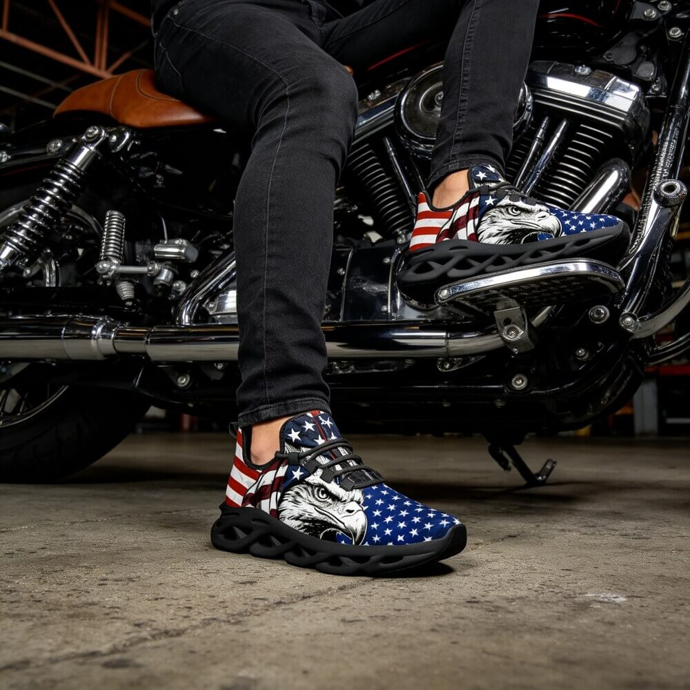 Glaring fiercely behind patriotic waving stars and stripes motifs Custom Sneaks echoing Raw American Cred