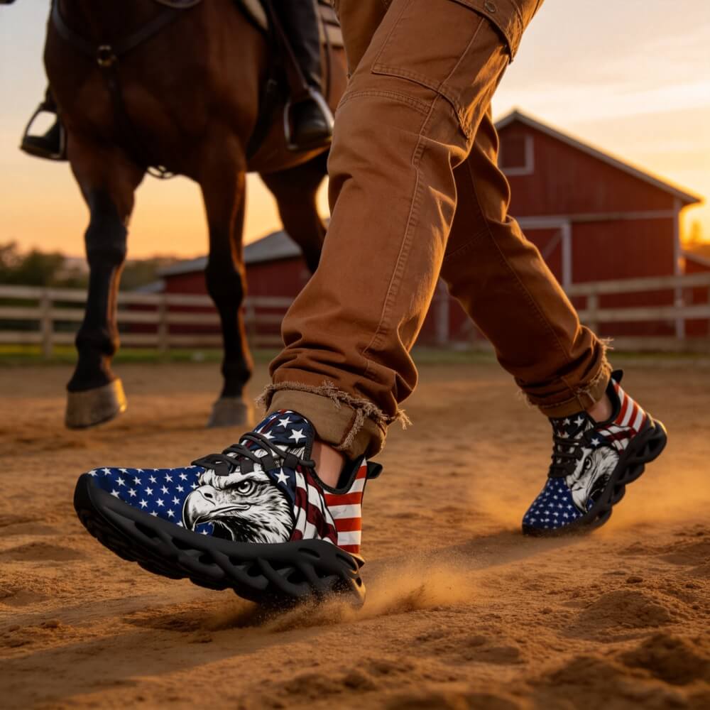 Glaring fiercely behind patriotic waving stars and stripes motifs Custom Sneaks echoing Raw American Cred