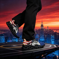 Glaring fiercely behind patriotic waving stars and stripes motifs Custom Sneaks echoing Raw American Cred