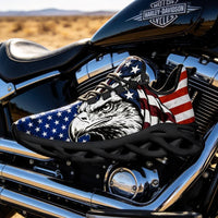 Glaring fiercely behind patriotic waving stars and stripes motifs Custom Sneaks echoing Raw American Cred