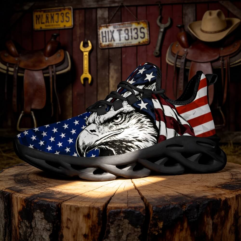 Glaring fiercely behind patriotic waving stars and stripes motifs Custom Sneaks echoing Raw American Cred