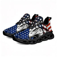 Glaring fiercely behind patriotic waving stars and stripes motifs Custom Sneaks echoing Raw American Cred