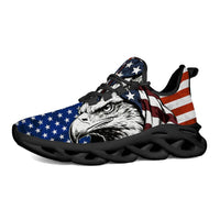 Glaring fiercely behind patriotic waving stars and stripes motifs Custom Sneaks echoing Raw American Cred
