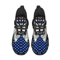 Glaring fiercely behind patriotic waving stars and stripes motifs Custom Sneaks echoing Raw American Cred
