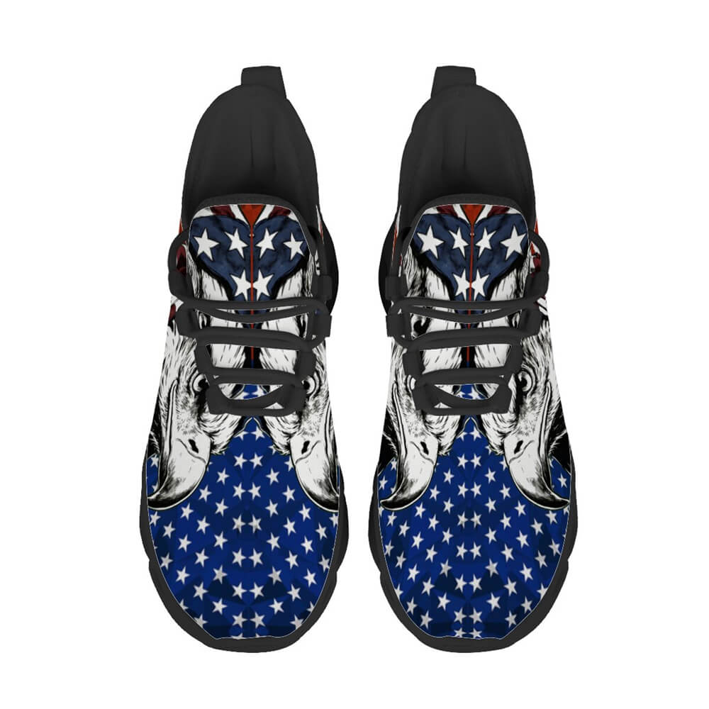 Glaring fiercely behind patriotic waving stars and stripes motifs Custom Sneaks echoing Raw American Cred