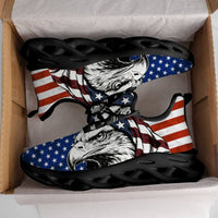 Glaring fiercely behind patriotic waving stars and stripes motifs Custom Sneaks echoing Raw American Cred