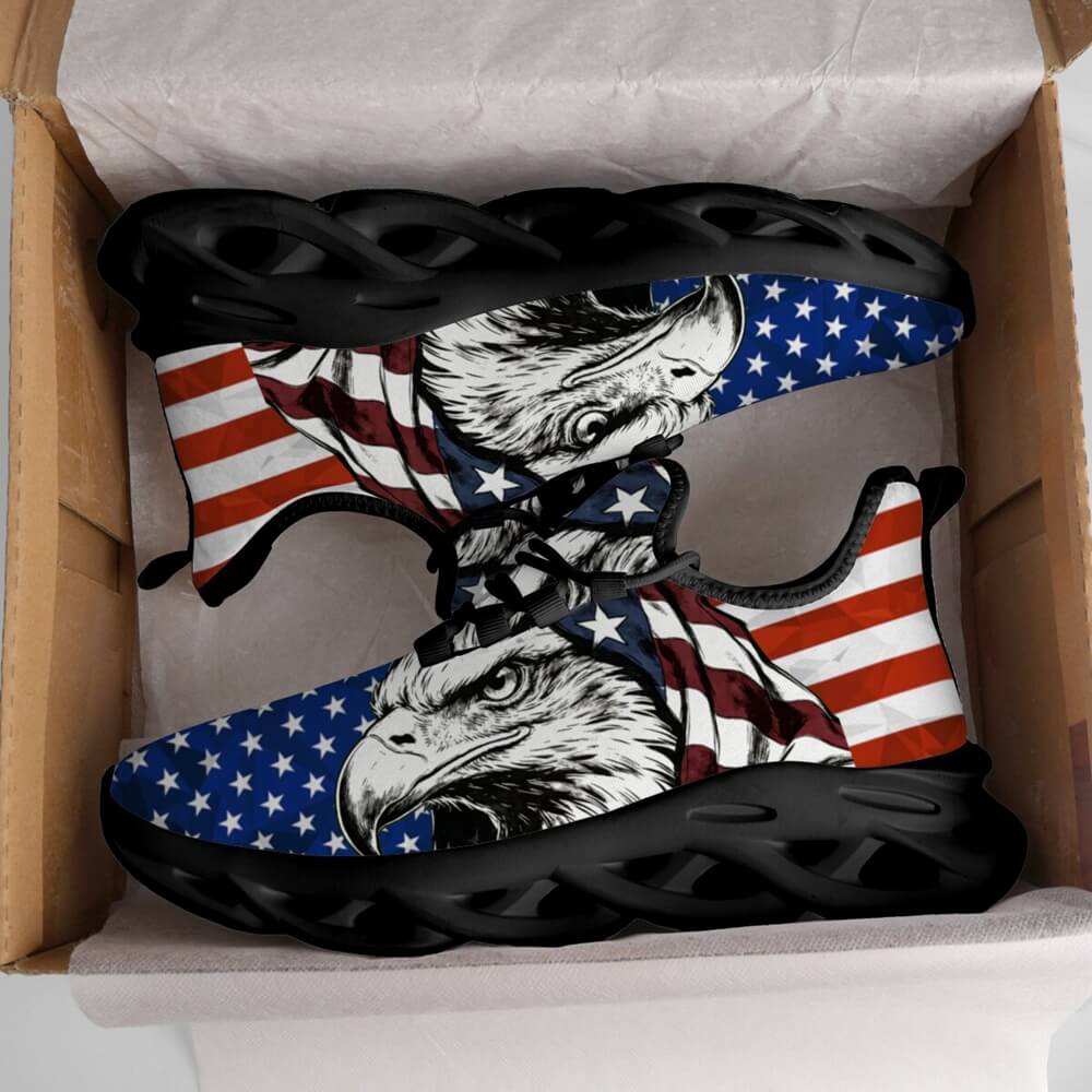 Glaring fiercely behind patriotic waving stars and stripes motifs Custom Sneaks echoing Raw American Cred