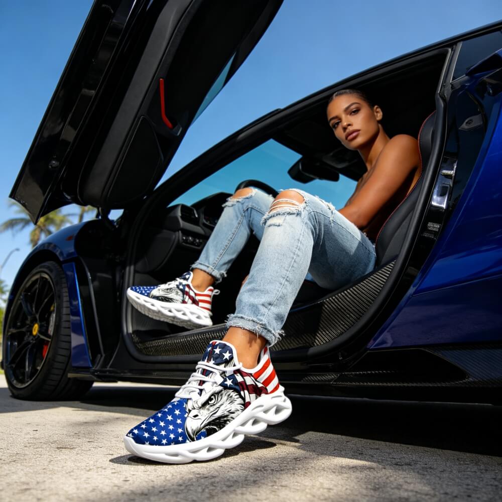 Glaring fiercely behind patriotic waving stars and stripes motifs Custom Sneaks echoing Raw American Cred