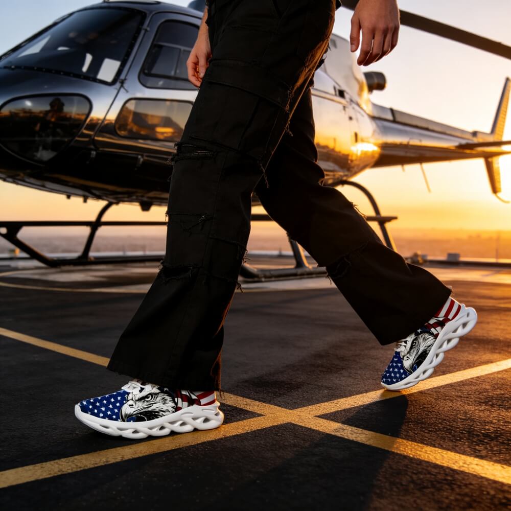 Glaring fiercely behind patriotic waving stars and stripes motifs Custom Sneaks echoing Raw American Cred