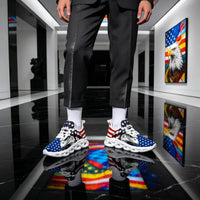 Glaring fiercely behind patriotic waving stars and stripes motifs Custom Sneaks echoing Raw American Cred