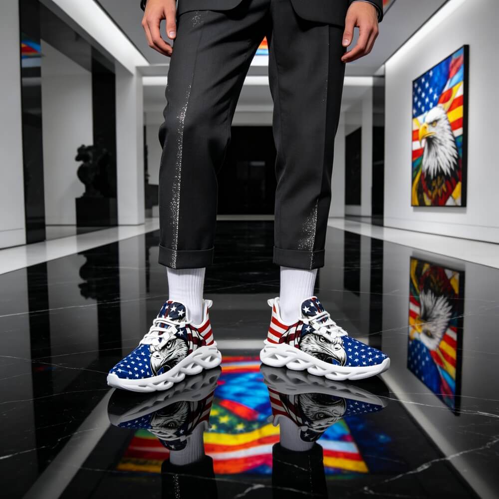 Glaring fiercely behind patriotic waving stars and stripes motifs Custom Sneaks echoing Raw American Cred