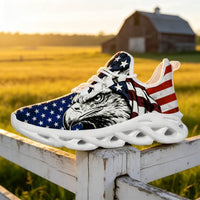 Glaring fiercely behind patriotic waving stars and stripes motifs Custom Sneaks echoing Raw American Cred
