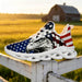 Glaring fiercely behind patriotic waving stars and stripes motifs Custom Sneaks echoing Raw American Cred