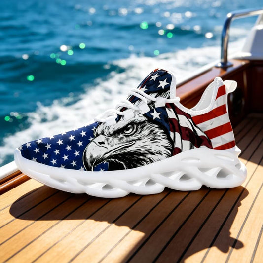 Glaring fiercely behind patriotic waving stars and stripes motifs Custom Sneaks echoing Raw American Cred