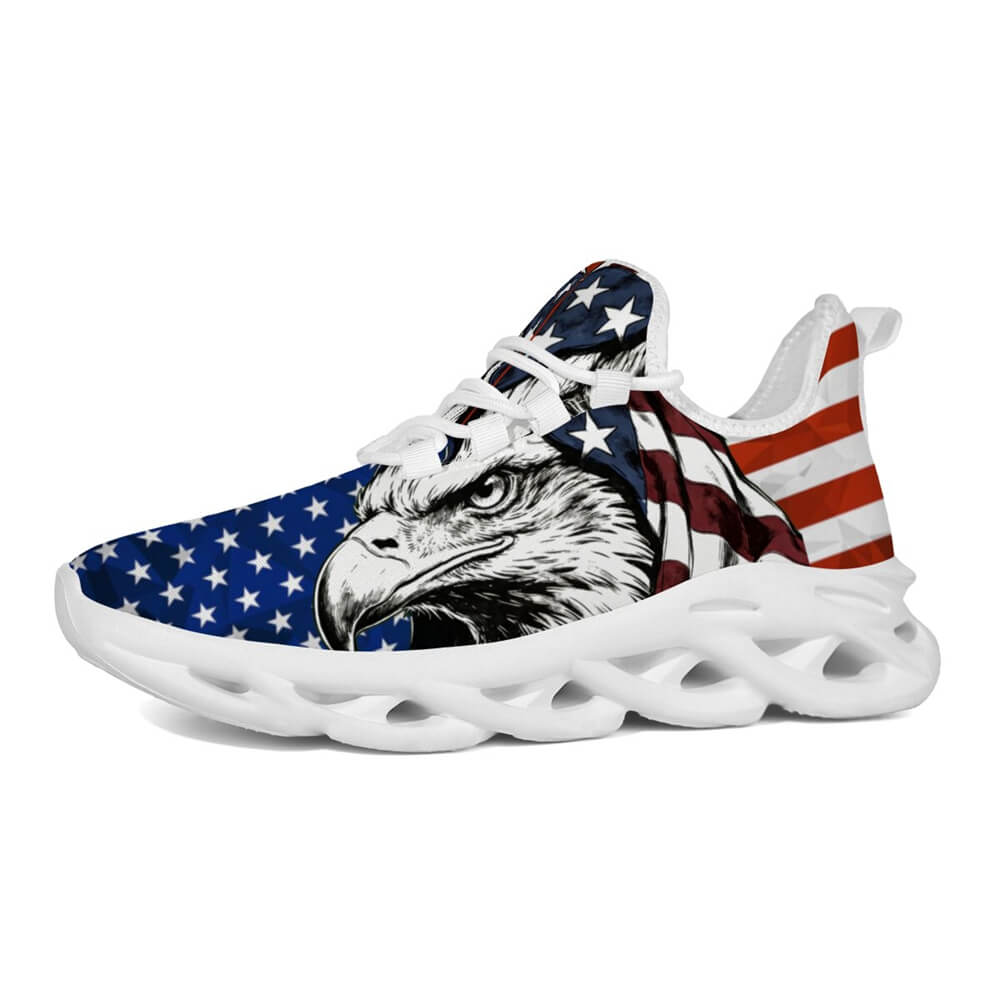 Glaring fiercely behind patriotic waving stars and stripes motifs Custom Sneaks echoing Raw American Cred