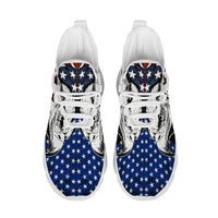 Glaring fiercely behind patriotic waving stars and stripes motifs Custom Sneaks echoing Raw American Cred