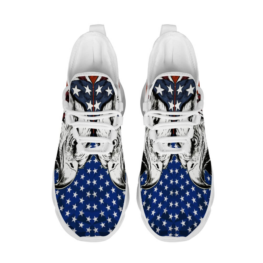 Glaring fiercely behind patriotic waving stars and stripes motifs Custom Sneaks echoing Raw American Cred