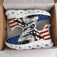 Glaring fiercely behind patriotic waving stars and stripes motifs Custom Sneaks echoing Raw American Cred