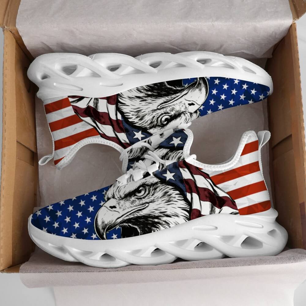 Glaring fiercely behind patriotic waving stars and stripes motifs Custom Sneaks echoing Raw American Cred
