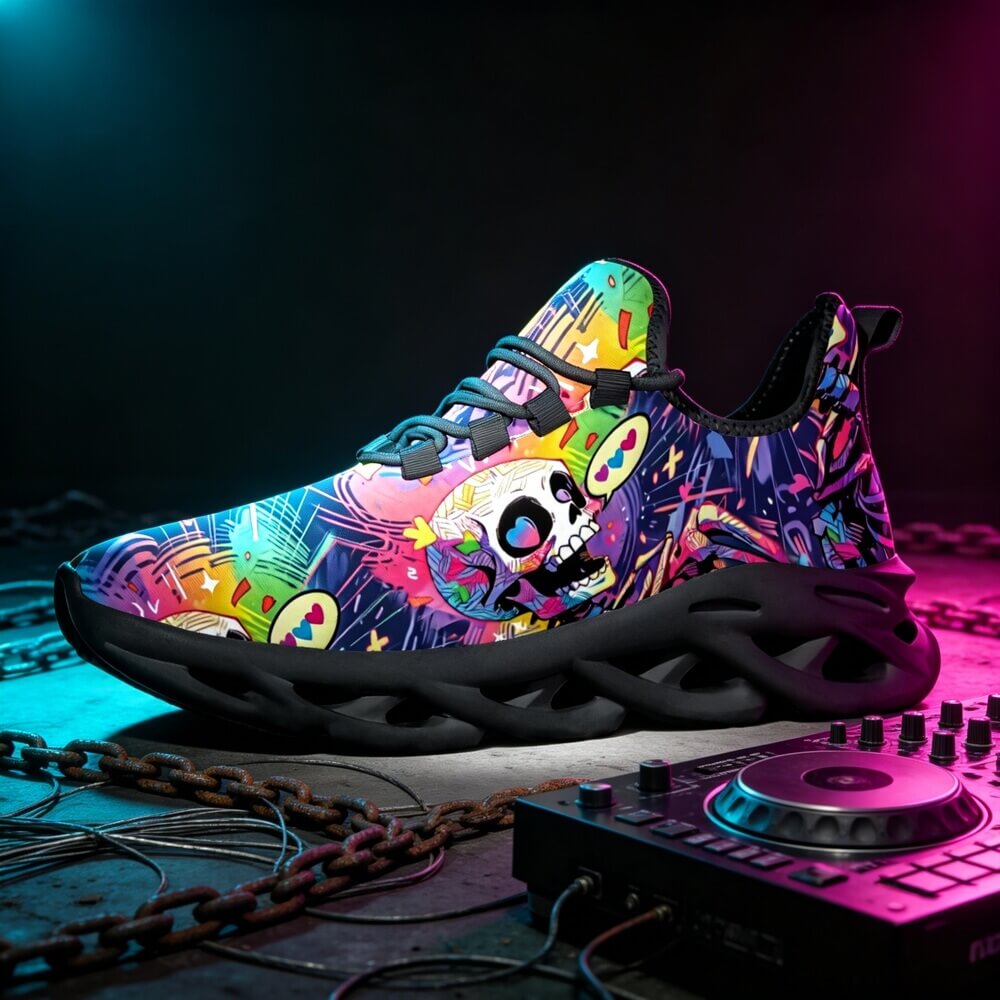 Signature Sugar Skull Pop Collage Custom Sneaks Echoing Cyber Pop Culture Drop