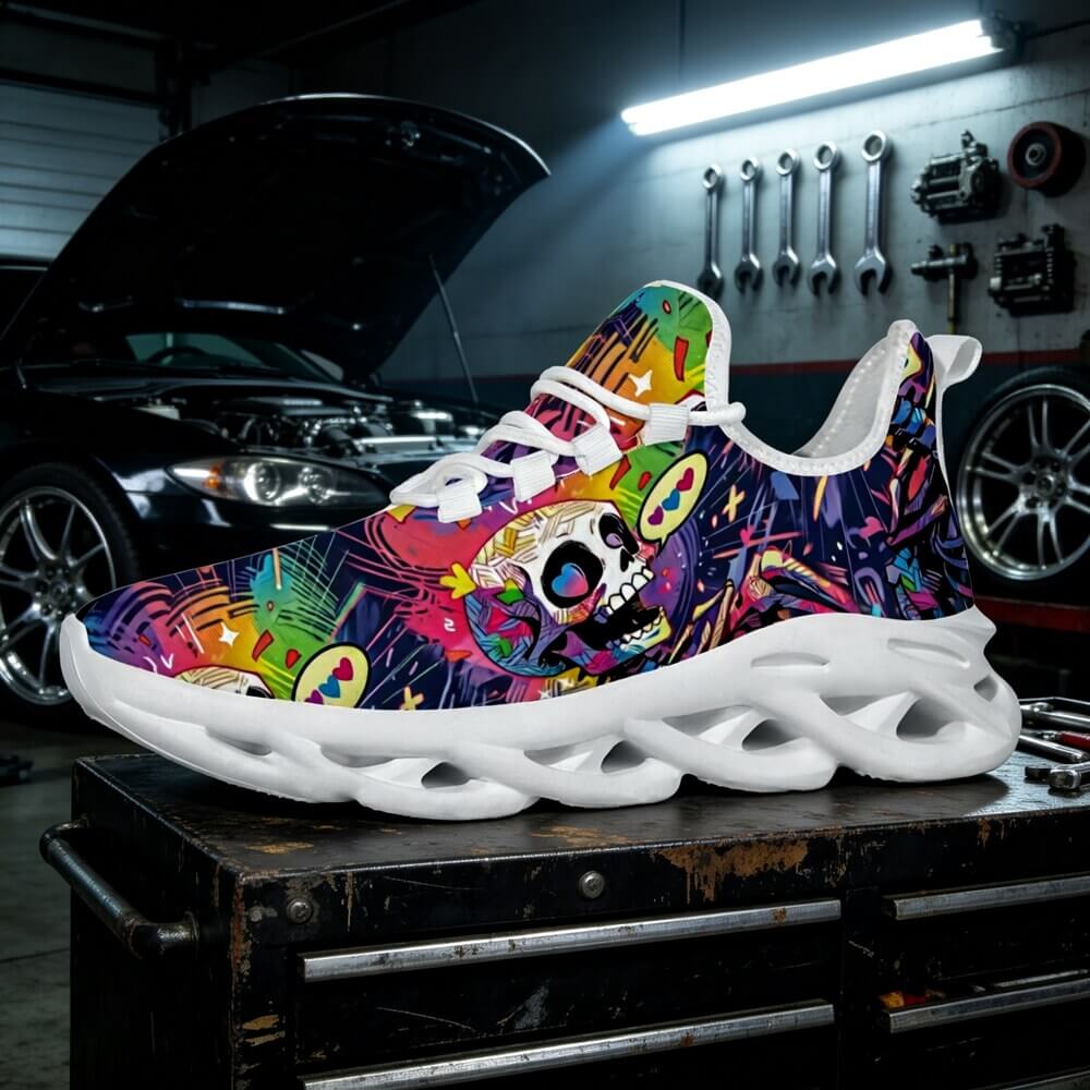 Signature Sugar Skull Pop Collage Custom Sneaks Echoing Cyber Pop Culture Drop